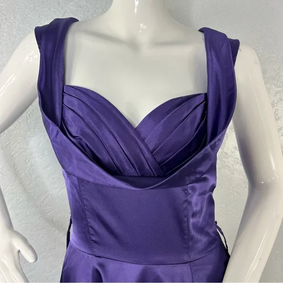 H & R London Purple Satin Retro Pin Up Style Fit Flare Tea Length Dress US 6 - Picture 2 of 15